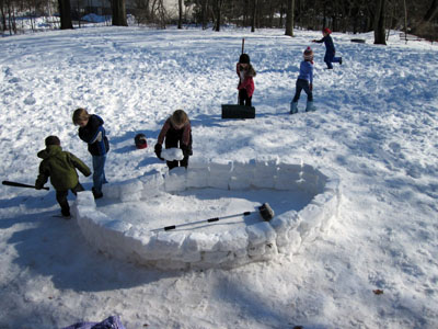 The building of one of the coolest snow structures I (Julia) have seen at school. That's Gage, John, and Sebastian in the foreground.